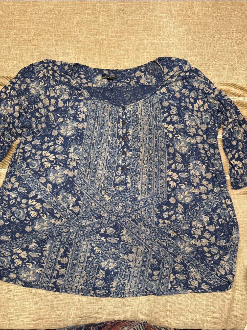 Lucky Brand Blue Floral Long-Sleeve Buttoned Peasant Top